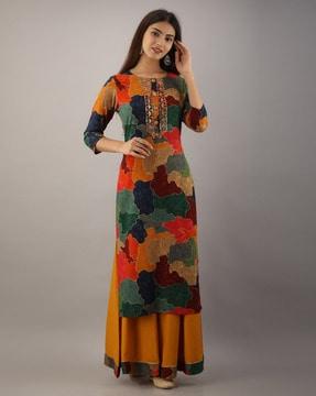 abstract print straight kurta set