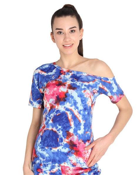abstract print top with off-shoulder