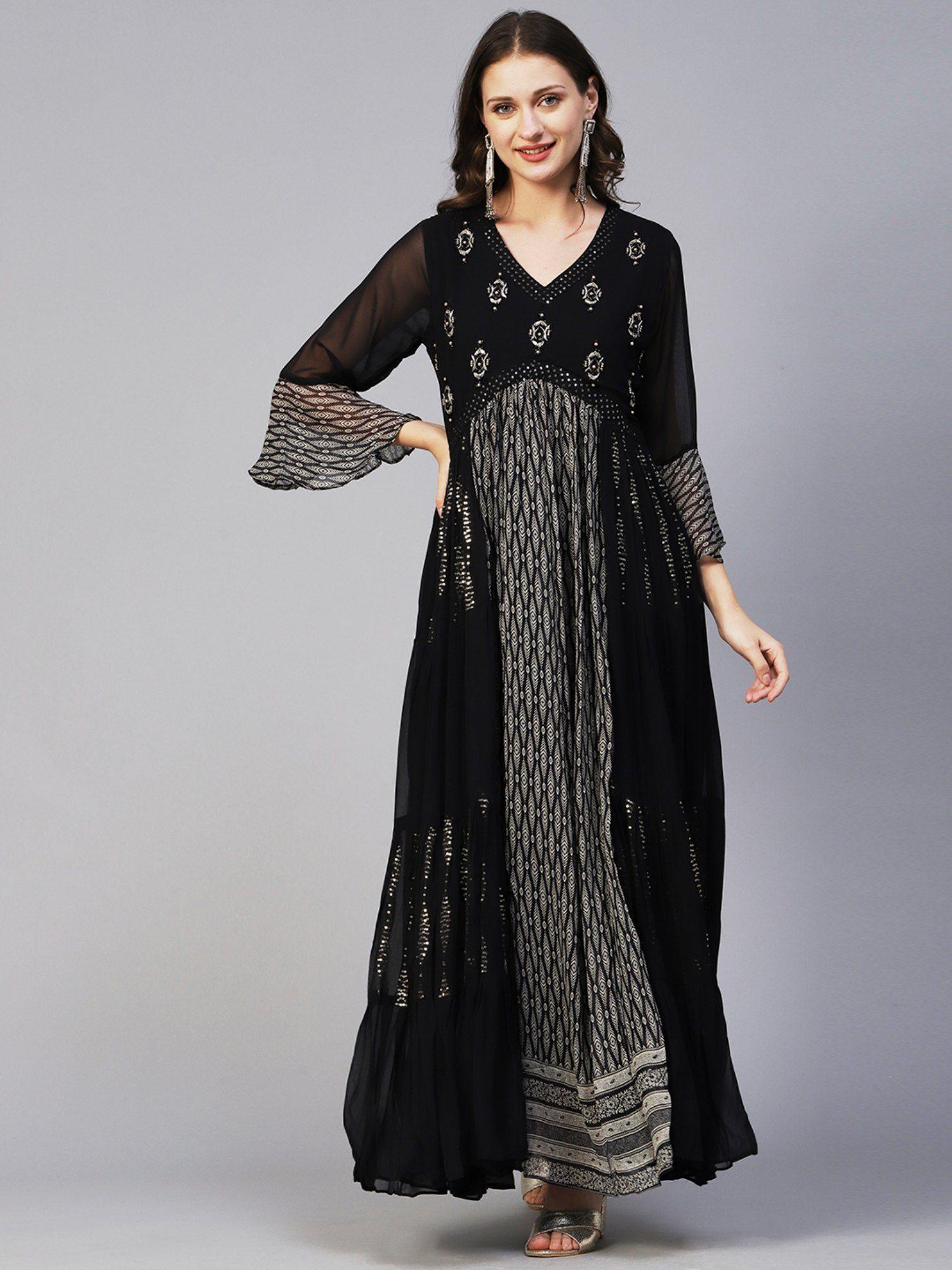 abstract printed contemporary zardozi embroidered tiered maxi gown - black