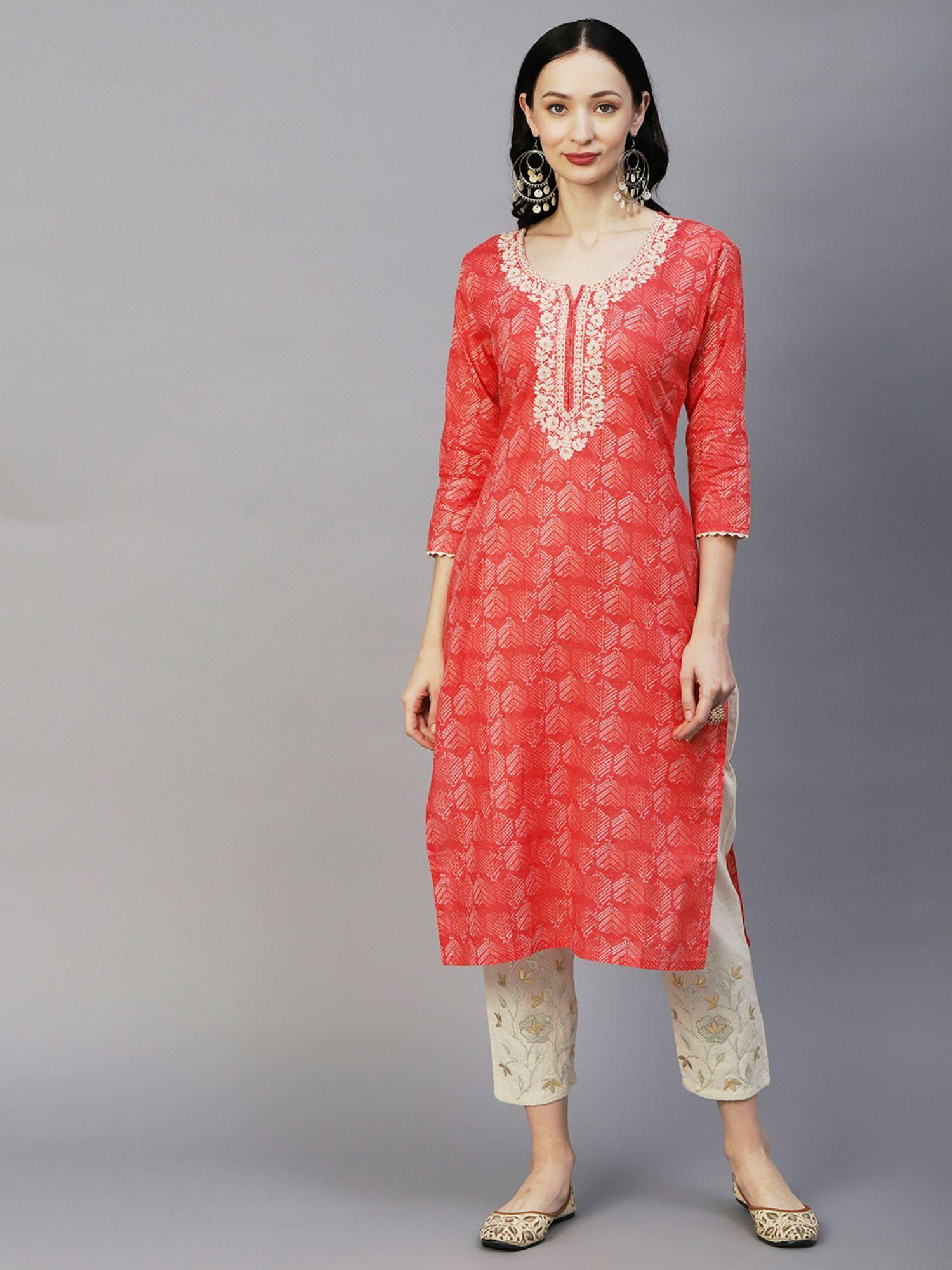 abstract printed crochet lace ornamented & resham dori embroidered kurta-coral