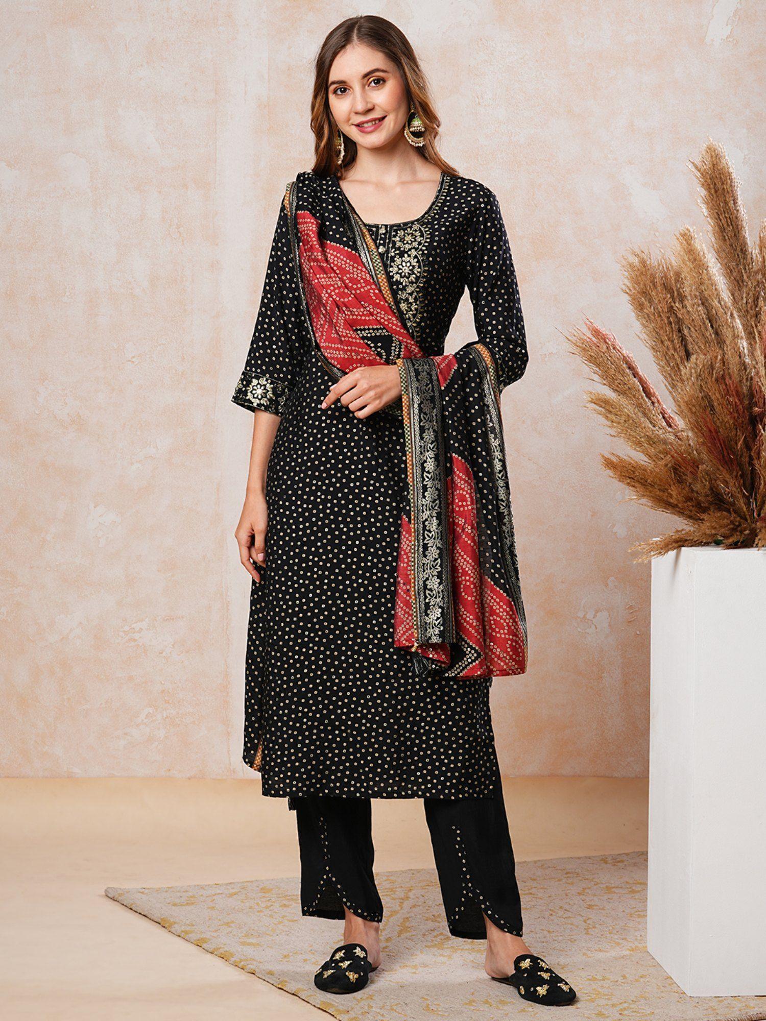 abstract printed kurta with pants & dupatta - black (set of 3)