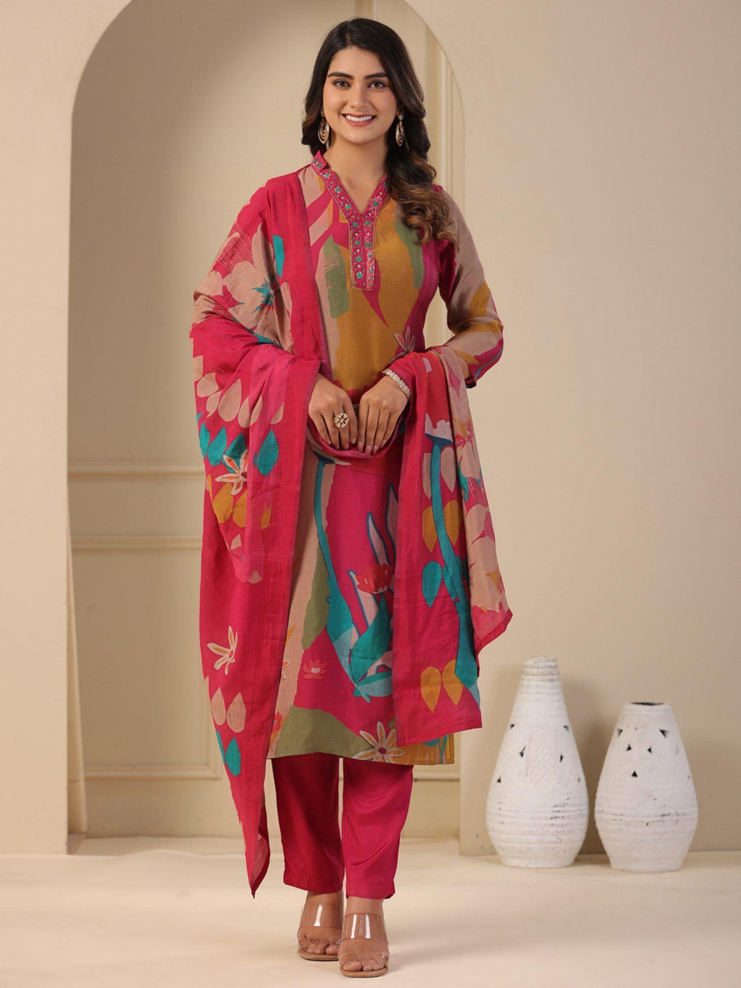 abstract printed kurta with pants & dupatta - multi (set of 3)