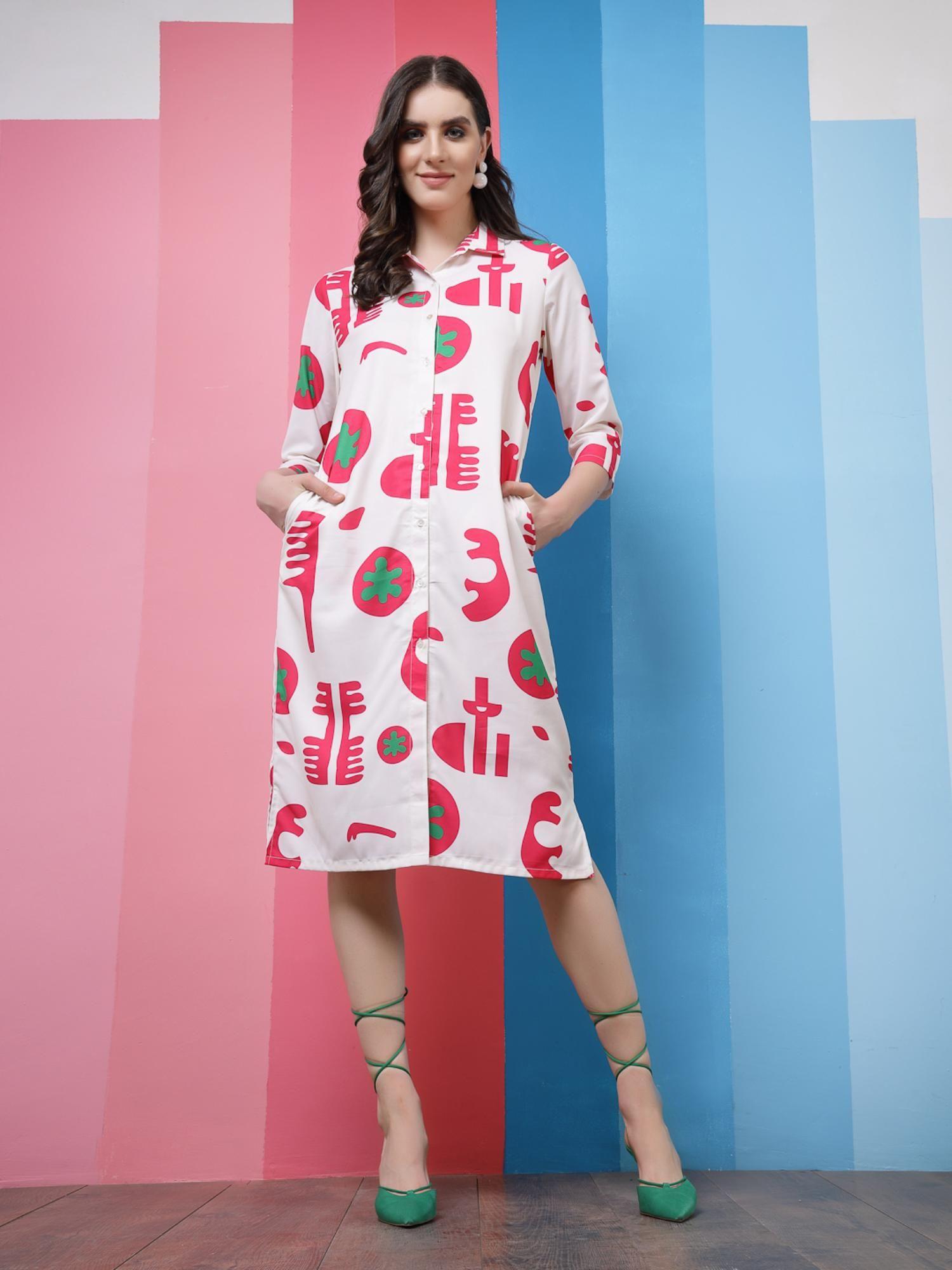 abstract printed shirt styled dress - pink