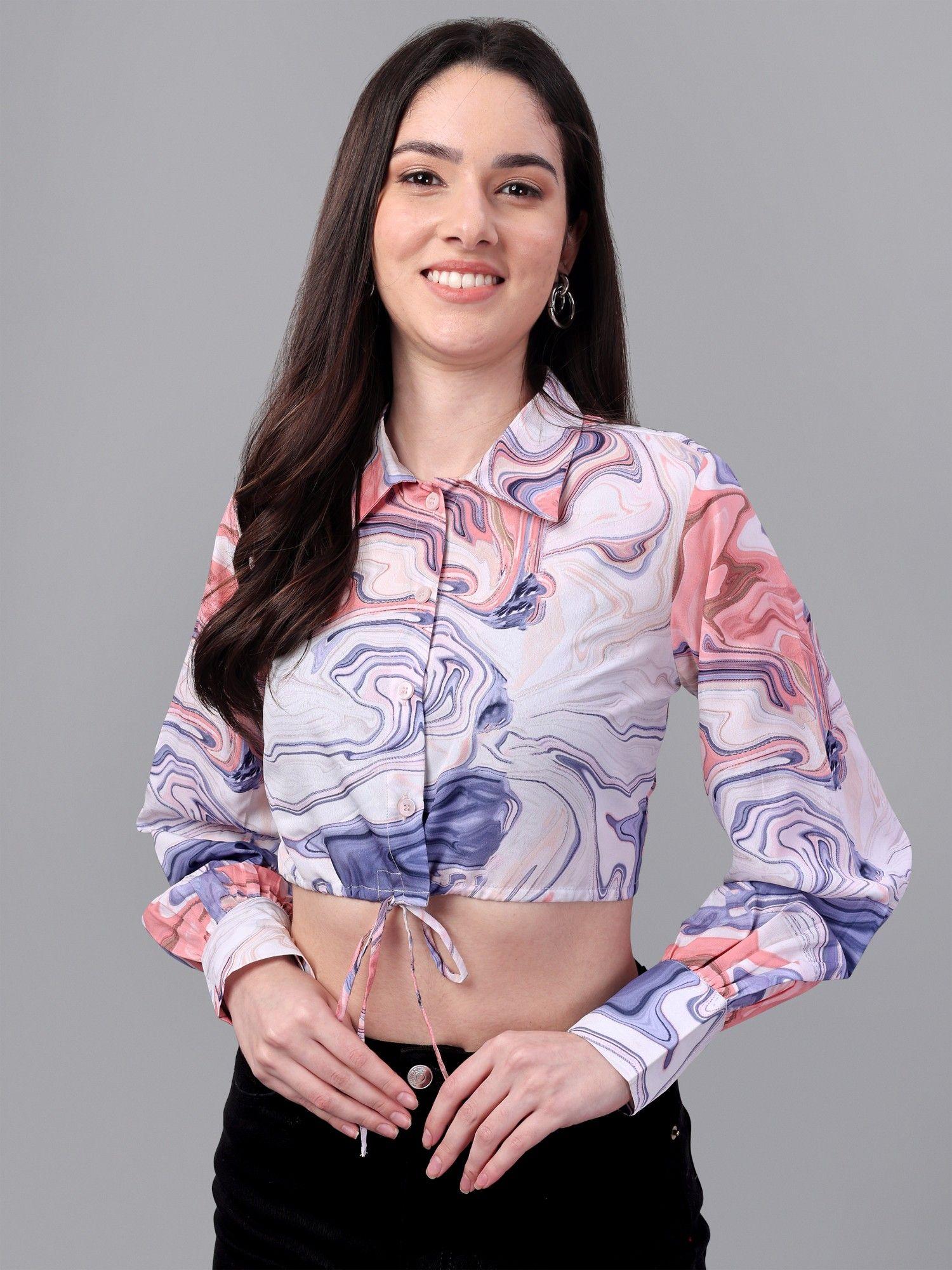 abstract printed tie-up neck georgette shirt style crop top