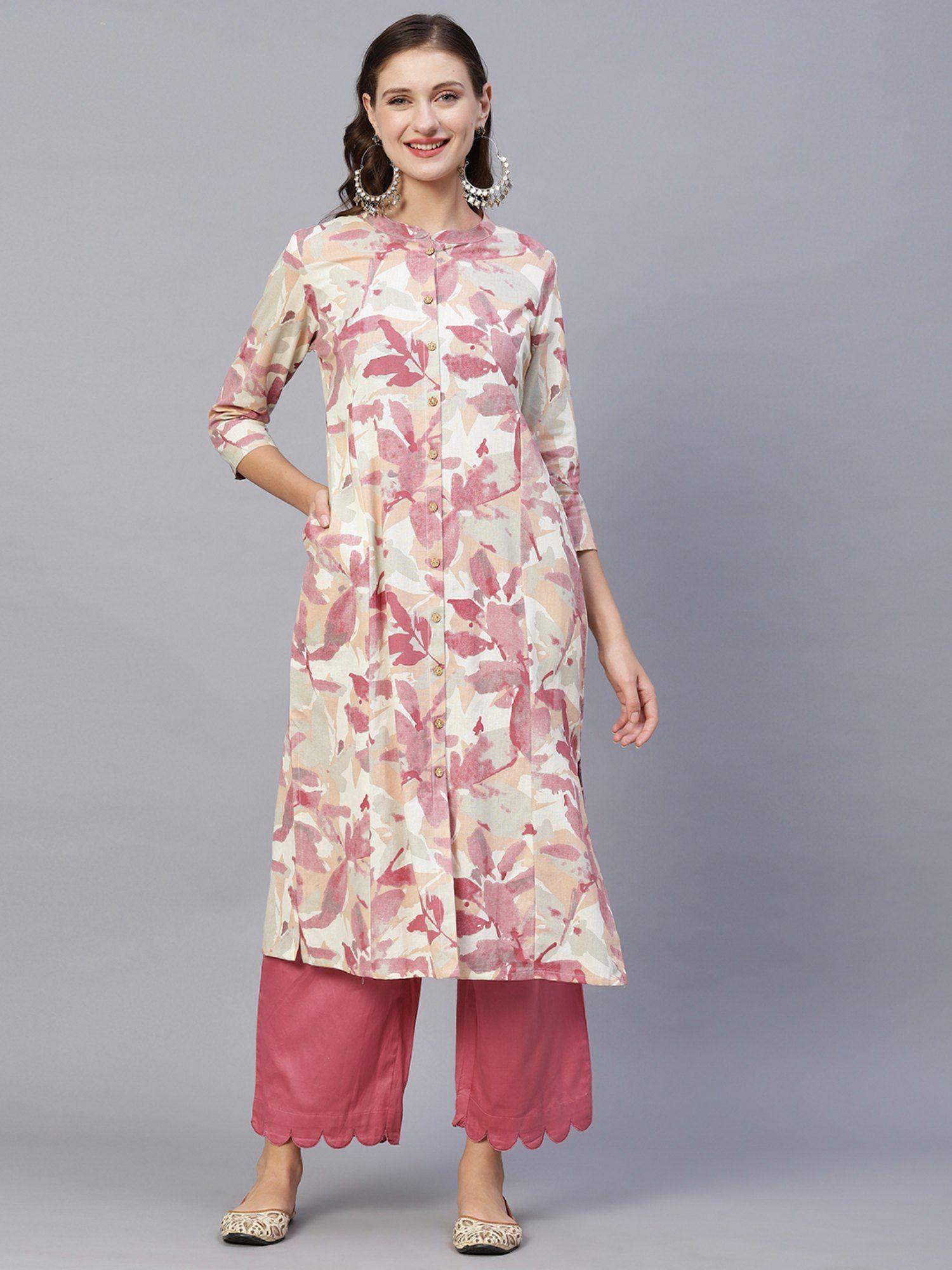 abstract printed wooden buttoned kurta - off white & rust