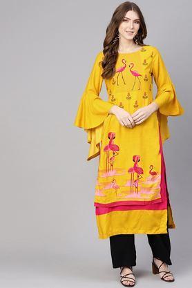 abstract rayon round neck women's casual wear kurta - yellow