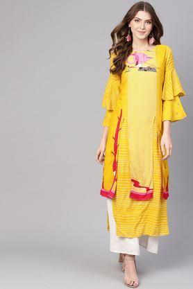 abstract rayon round neck women's casual wear kurta - yellow