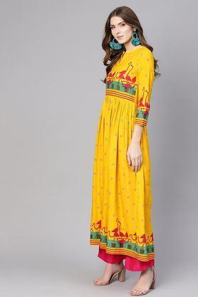 abstract rayon round neck women's casual wear kurta - yellow