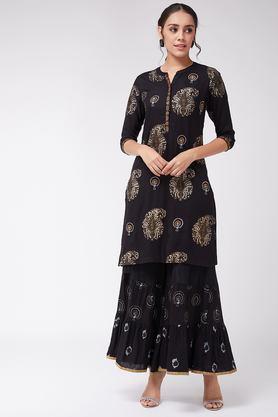 abstract rayon woven women's kurta set - black