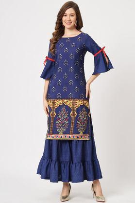 abstract rayon woven women's kurta set - navy