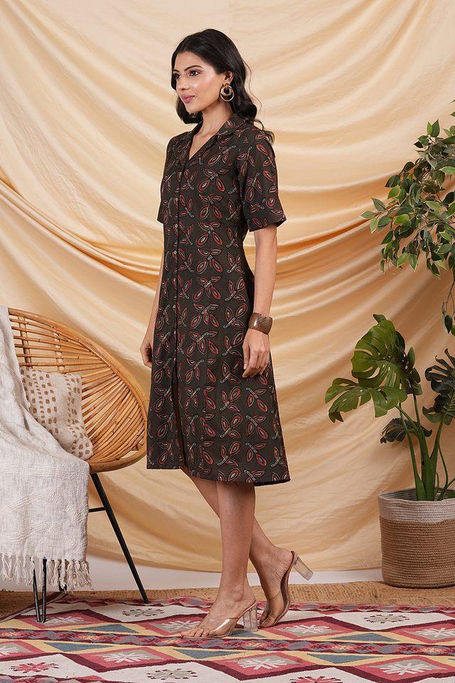 abstract round neck cotton womens knee length dress