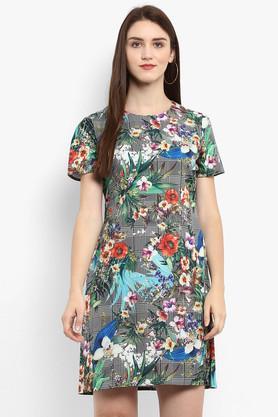 abstract round neck polyester women's above knee dress - multi