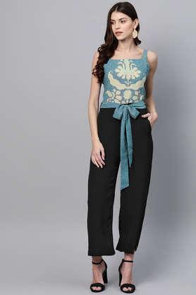 abstract sleeveless polyester women's jumpsuit - blue