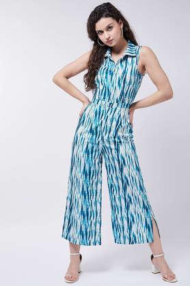 abstract sleeveless polyester women's jumpsuit - blue