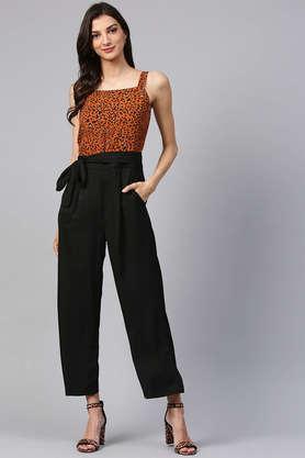 abstract sleeveless polyester women's jumpsuit - brown