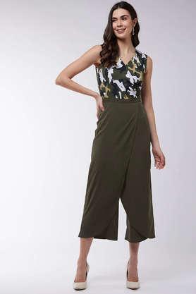 abstract sleeveless polyester women's jumpsuit - olive