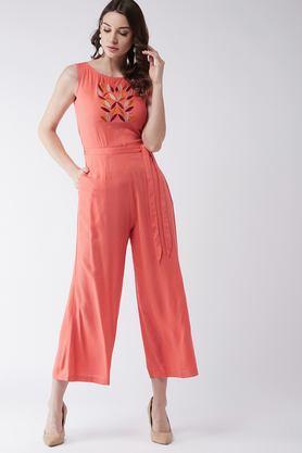 abstract sleeveless rayon women's jumpsuit - coral