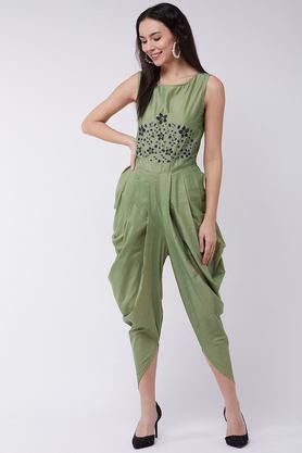 abstract sleeveless rayon women's jumpsuit - green