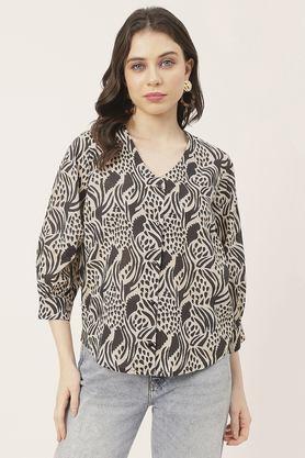 abstract v-neck cotton women's casual wear shirt - black