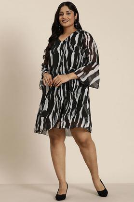 abstract v-neck georgette women's dress - black