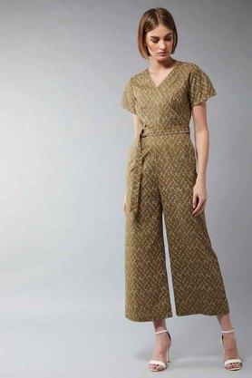 abstract v-neck poly cotton women's relaxed jumpsuits - multi