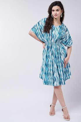 abstract v-neck polyester women's knee length dress - blue