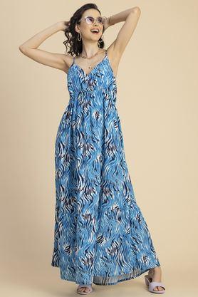 abstract v-neck rayon women's full length dress - sky blue