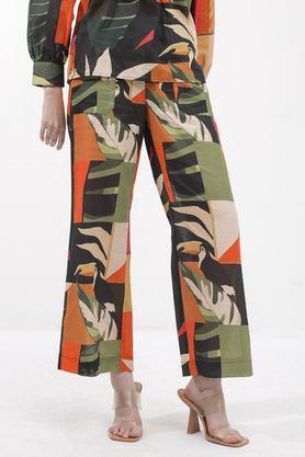 abstract wide leg fit cotton blend women's casual wear trousers - multi