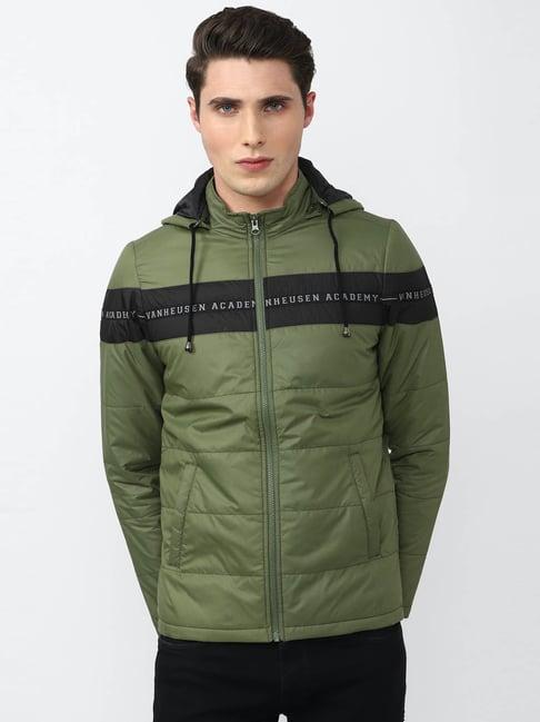 academy by van heusen green regular fit printed hooded jacket