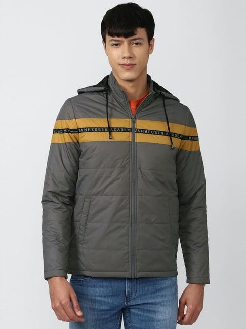 academy by van heusen grey regular fit printed hooded jacket