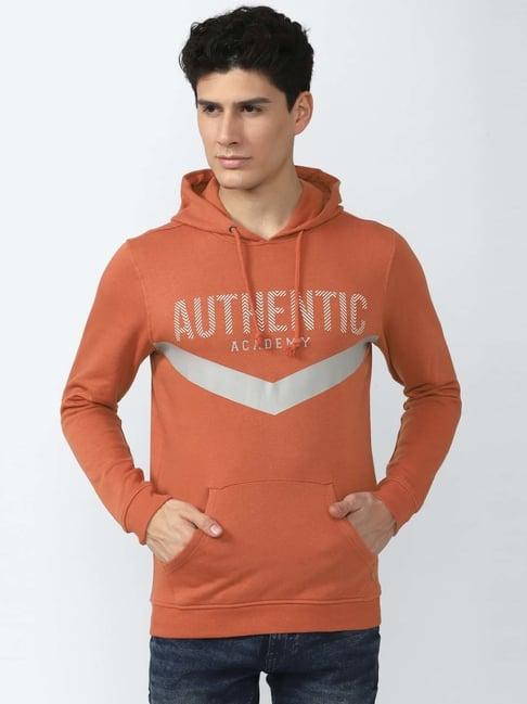 academy by van heusen orange slim fit printed hooded sweatshirts