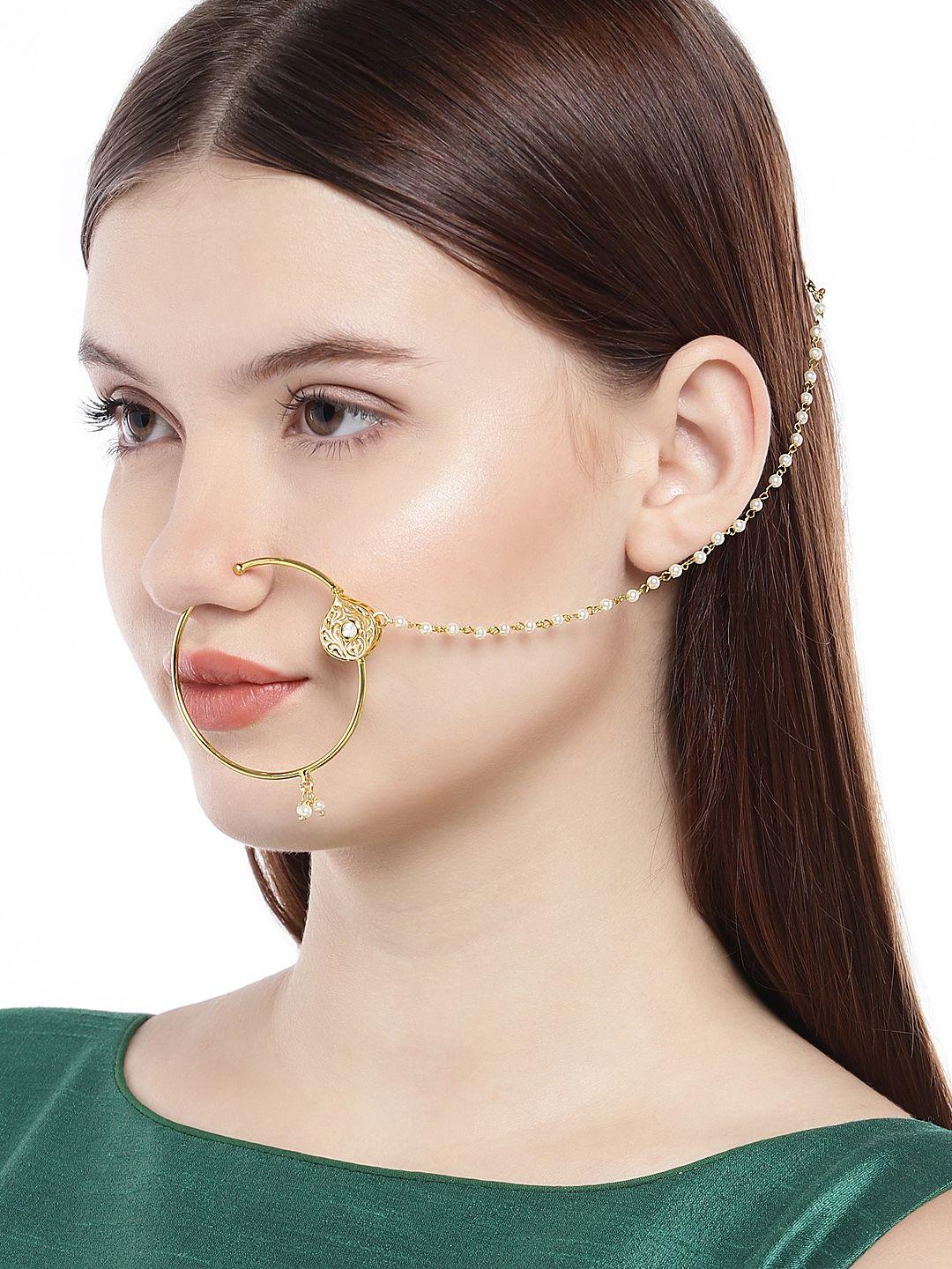 accessher gold-plated embellished nose ring with chain