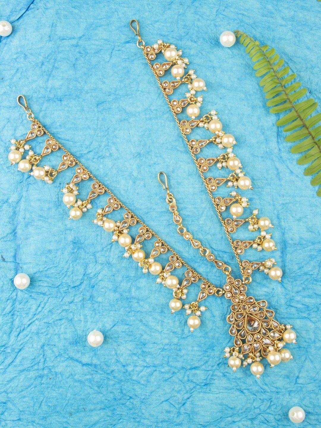 accessher antique gold-plated studded pearl matha patti
