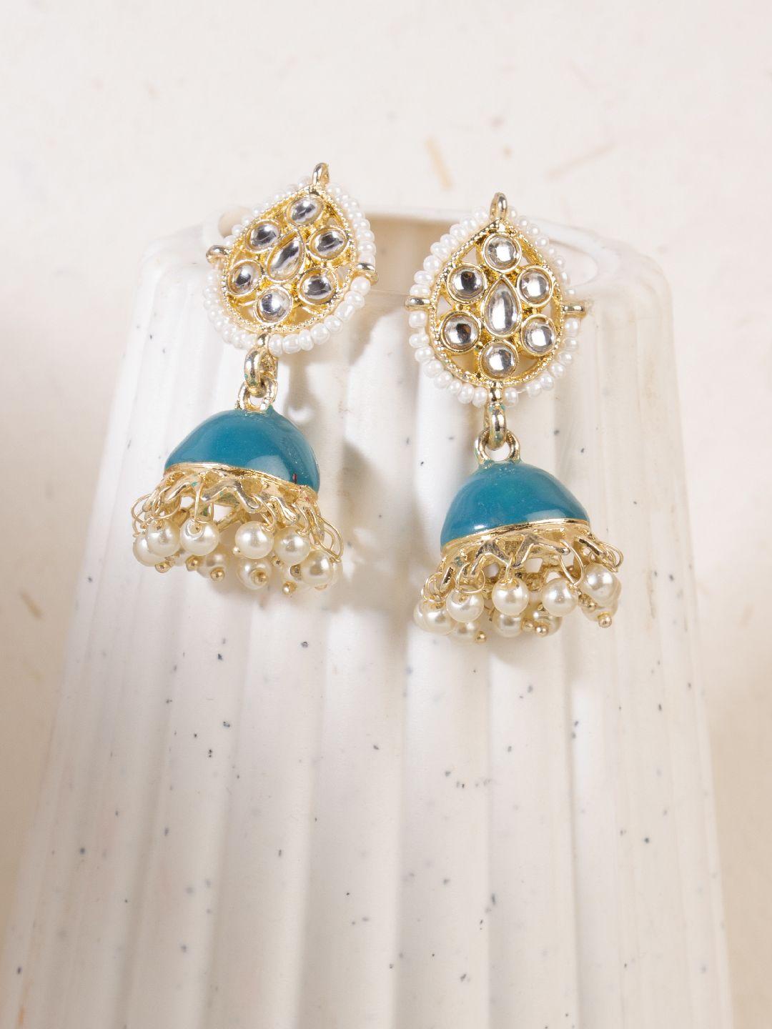 accessher blue & gold-toned enamelled dome shaped drop earrings