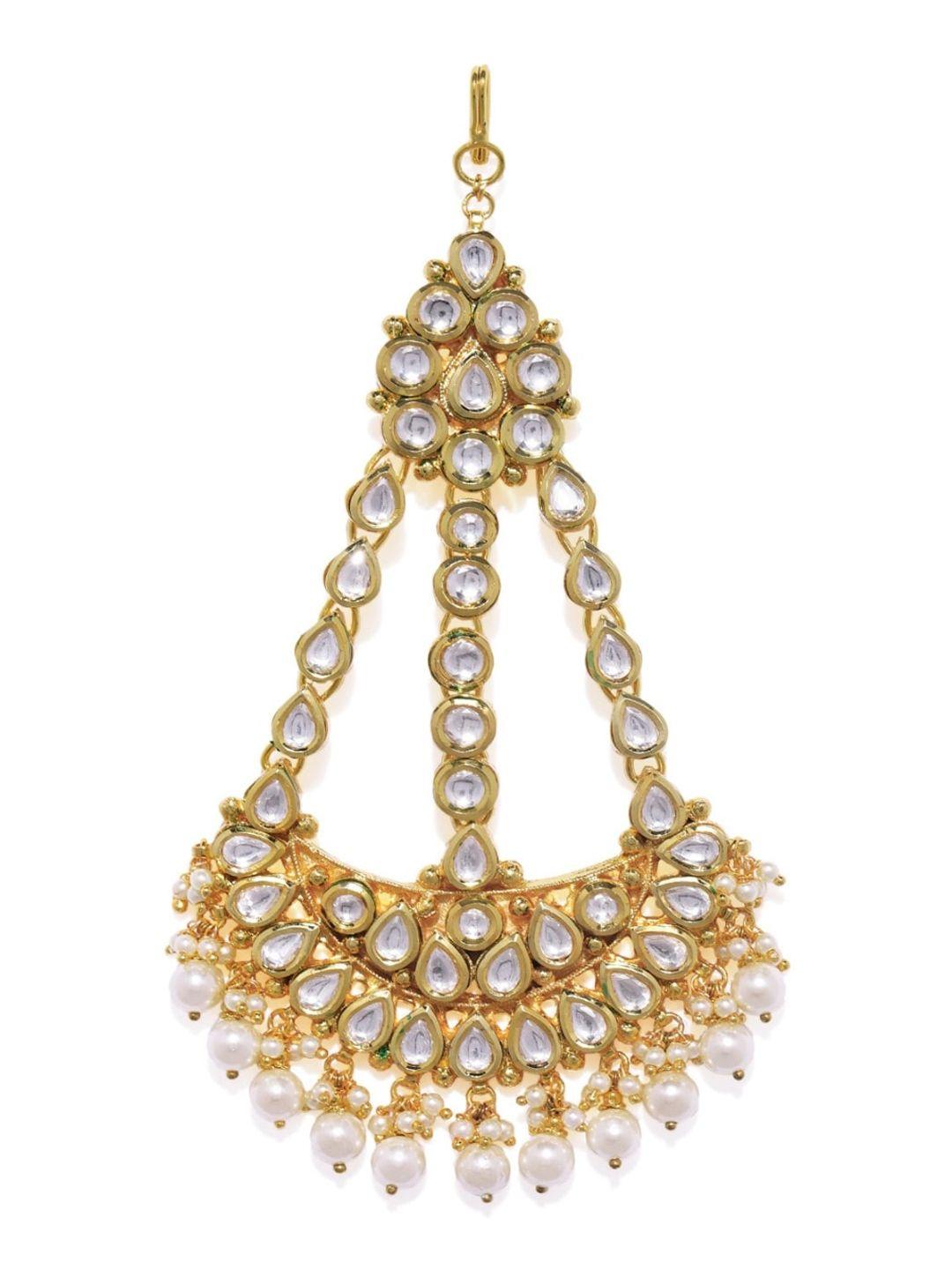 accessher gold-plated & white pacchi kundan-studded beaded handcrafted jhumar passa