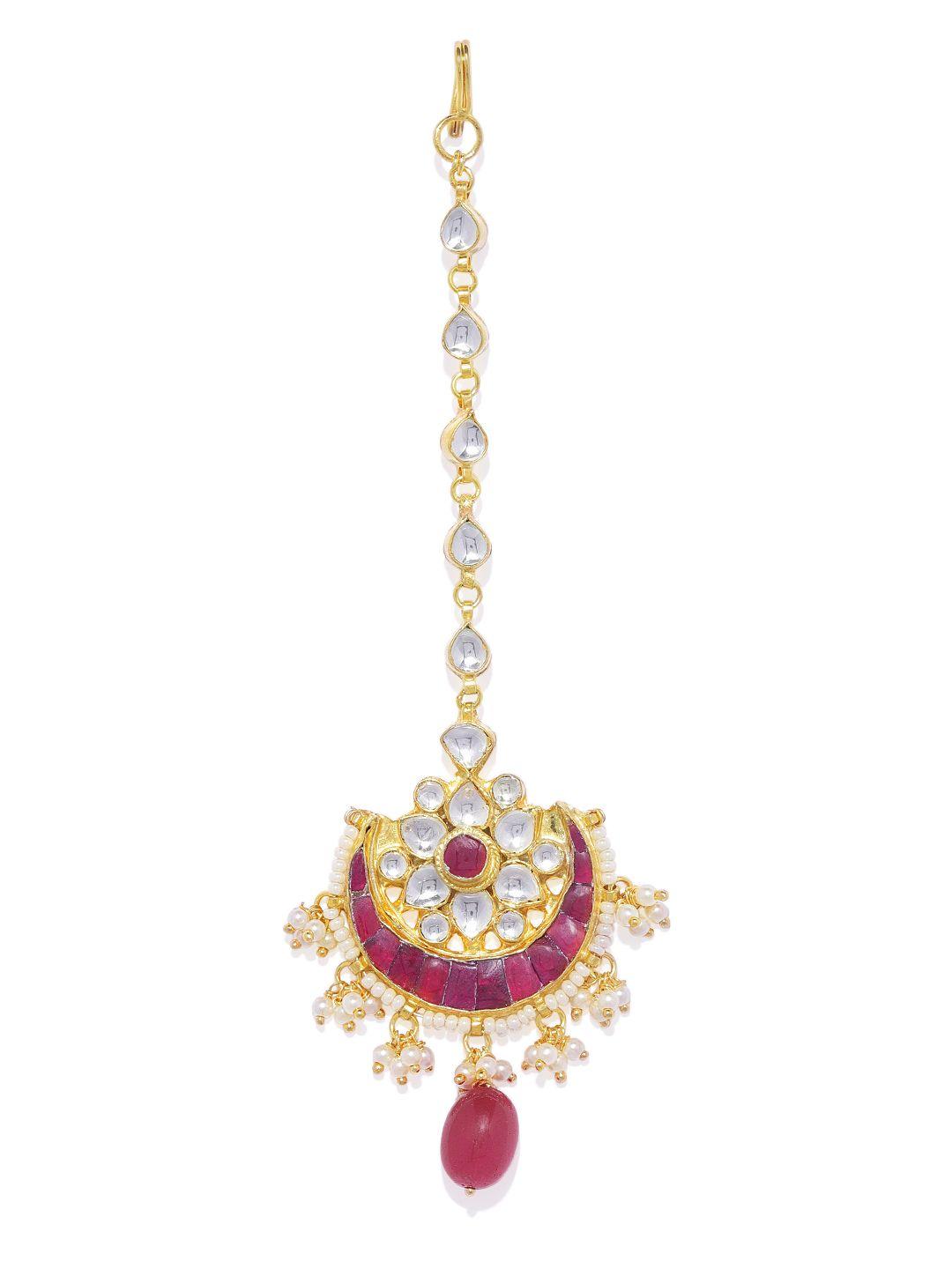 accessher gold-plated handcrafted jadau kundan chaandbali maang tika with faux ruby