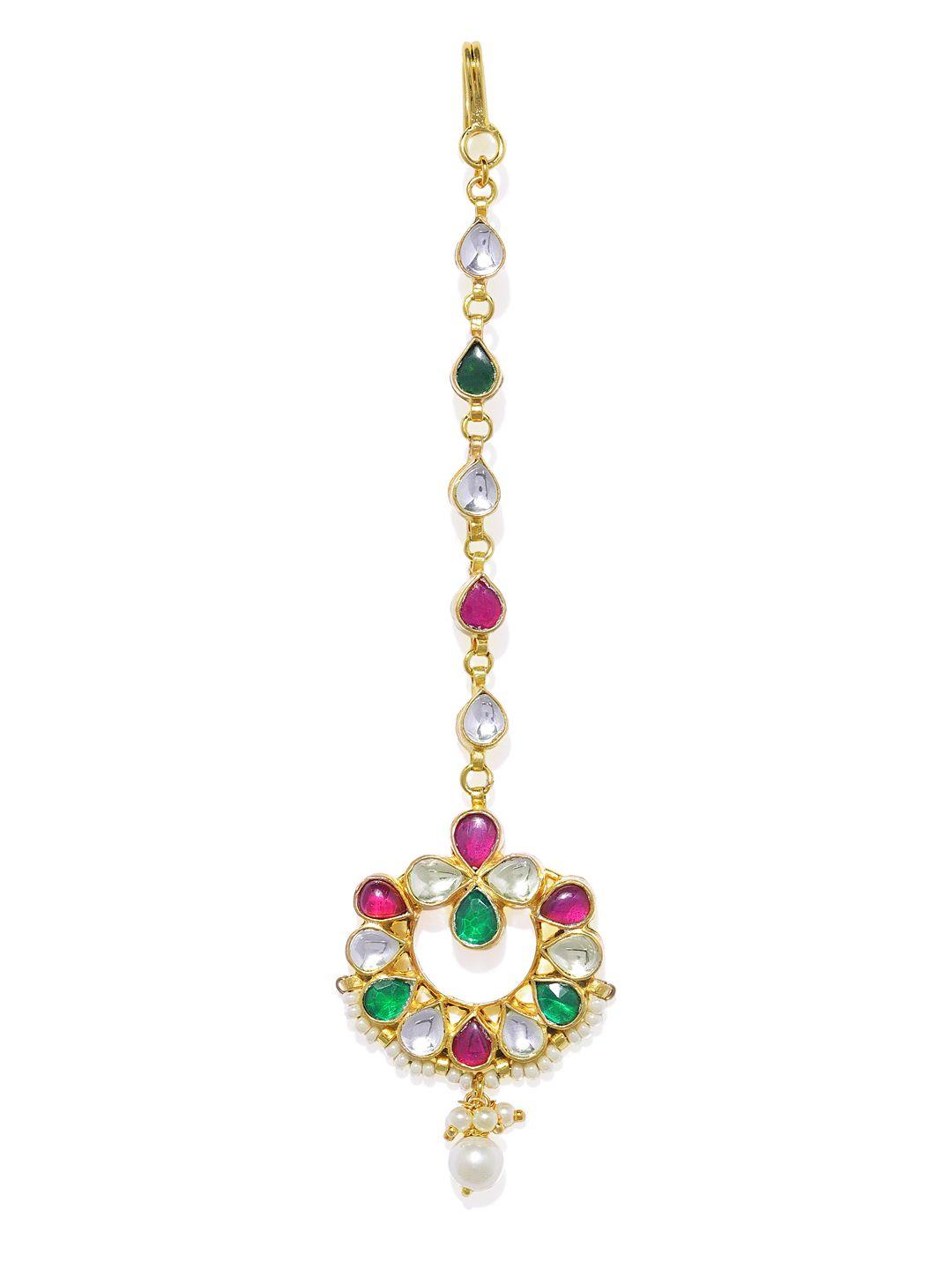 accessher gold-plated jadau kundan chaandbali maang tikka with faux ruby & emerald
