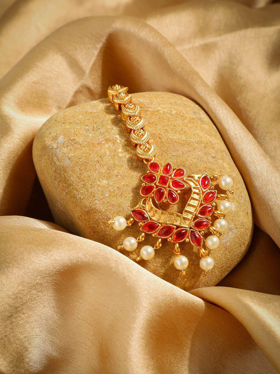 accessher gold-plated stone-studded & faux pearls-beaded antique maang tikka