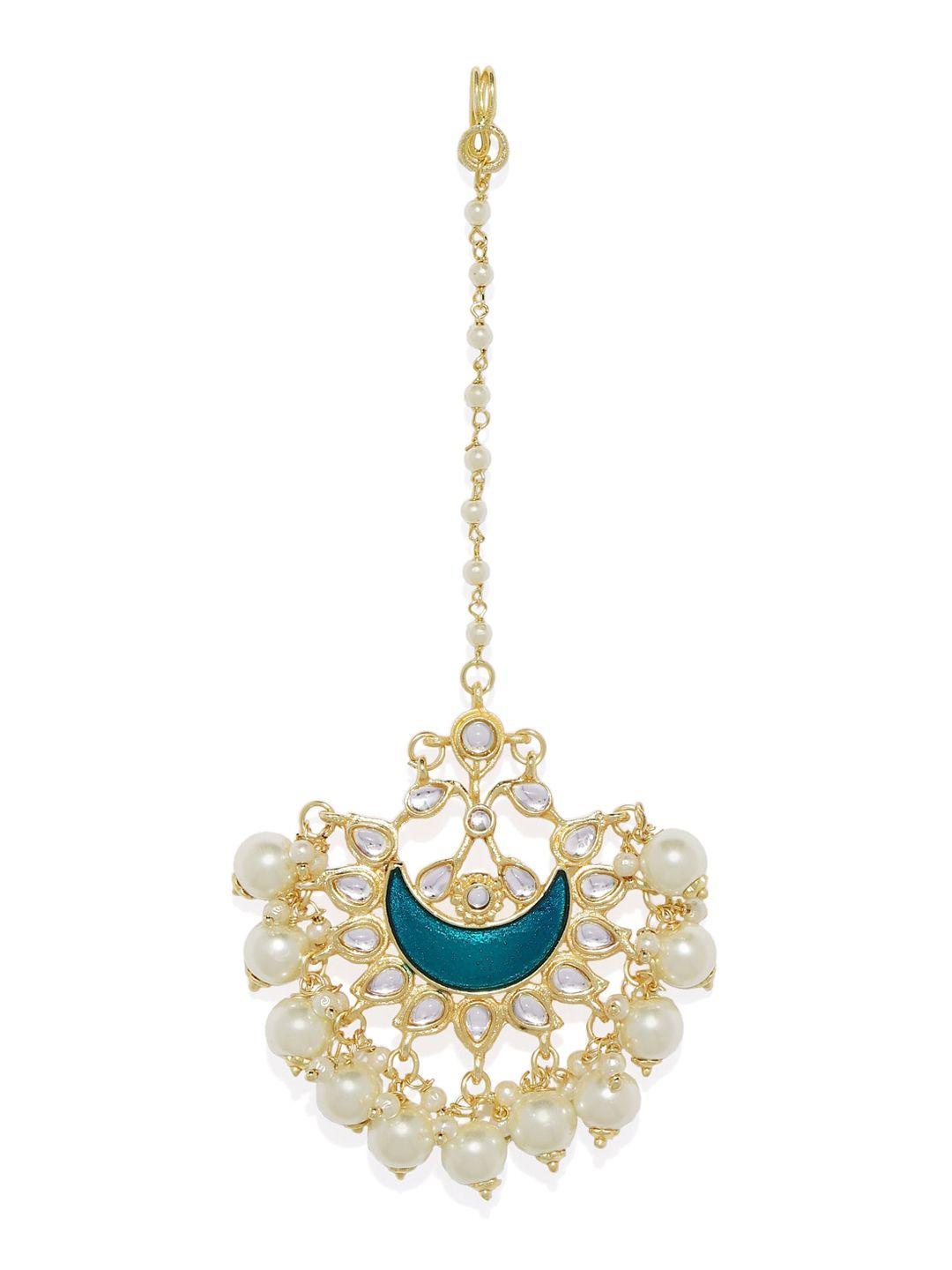 accessher gold-plated teal green & white kundan-studded & beaded enamelled maang tikka