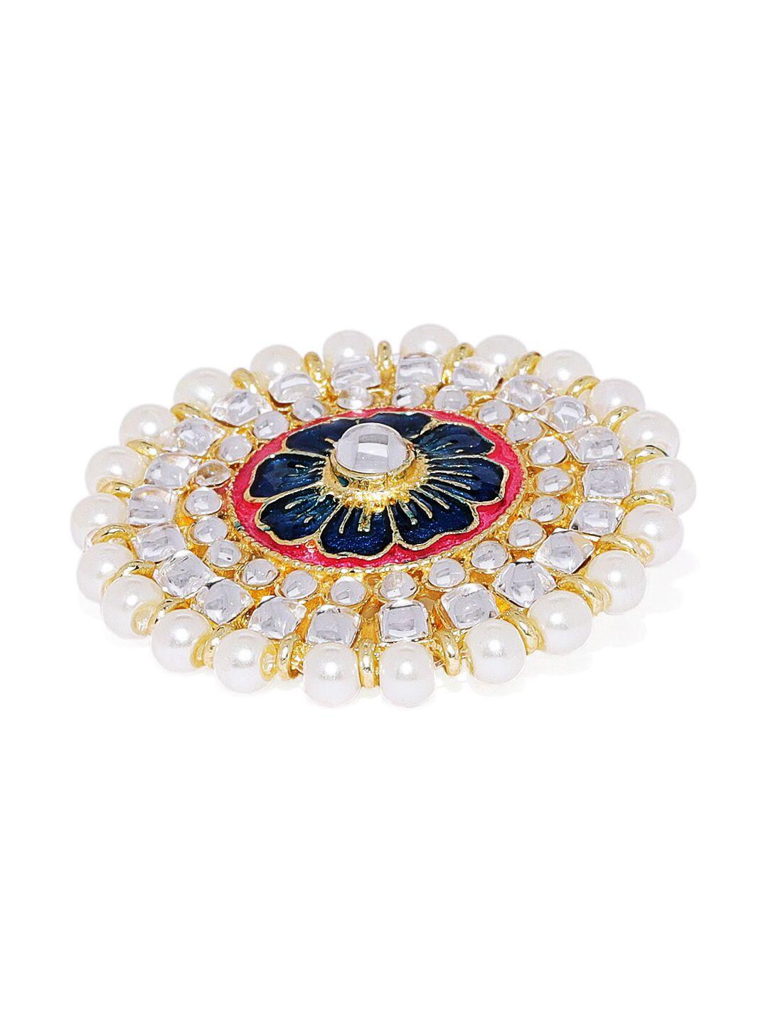 accessher gold-plated white & blue stone-studded & beaded enameled brooch