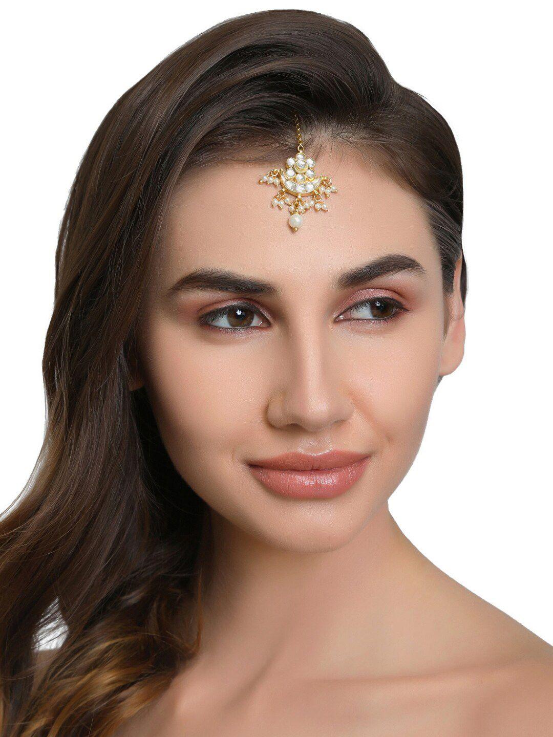 accessher gold-plated white jadau kundan-studded bindiya style maang tikka