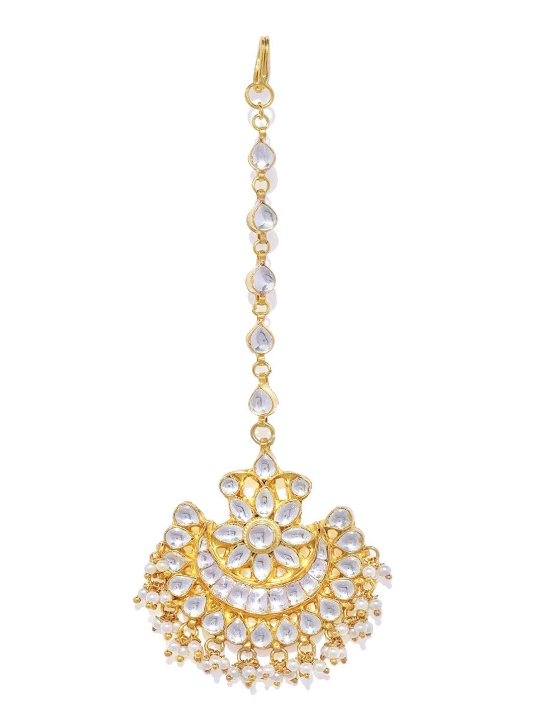 accessher gold-plated white kundan-studded & beaded handcrafted maang tikka