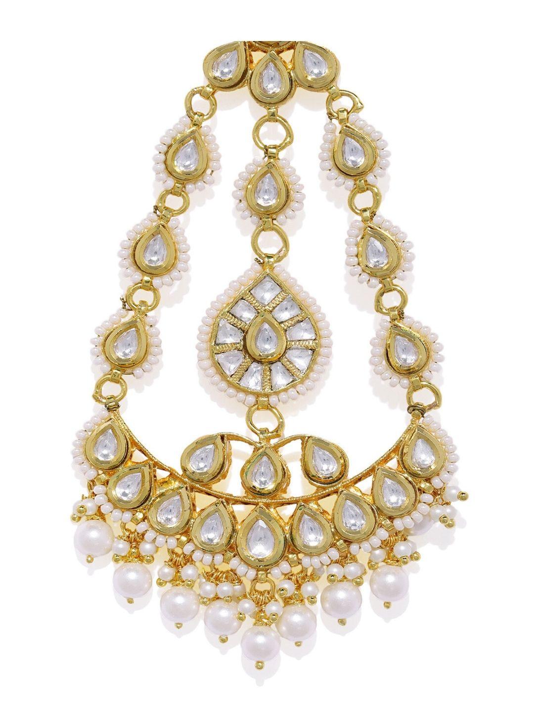 accessher gold-plated white kundan-studded & beaded jadau handcrafted jhumar passa