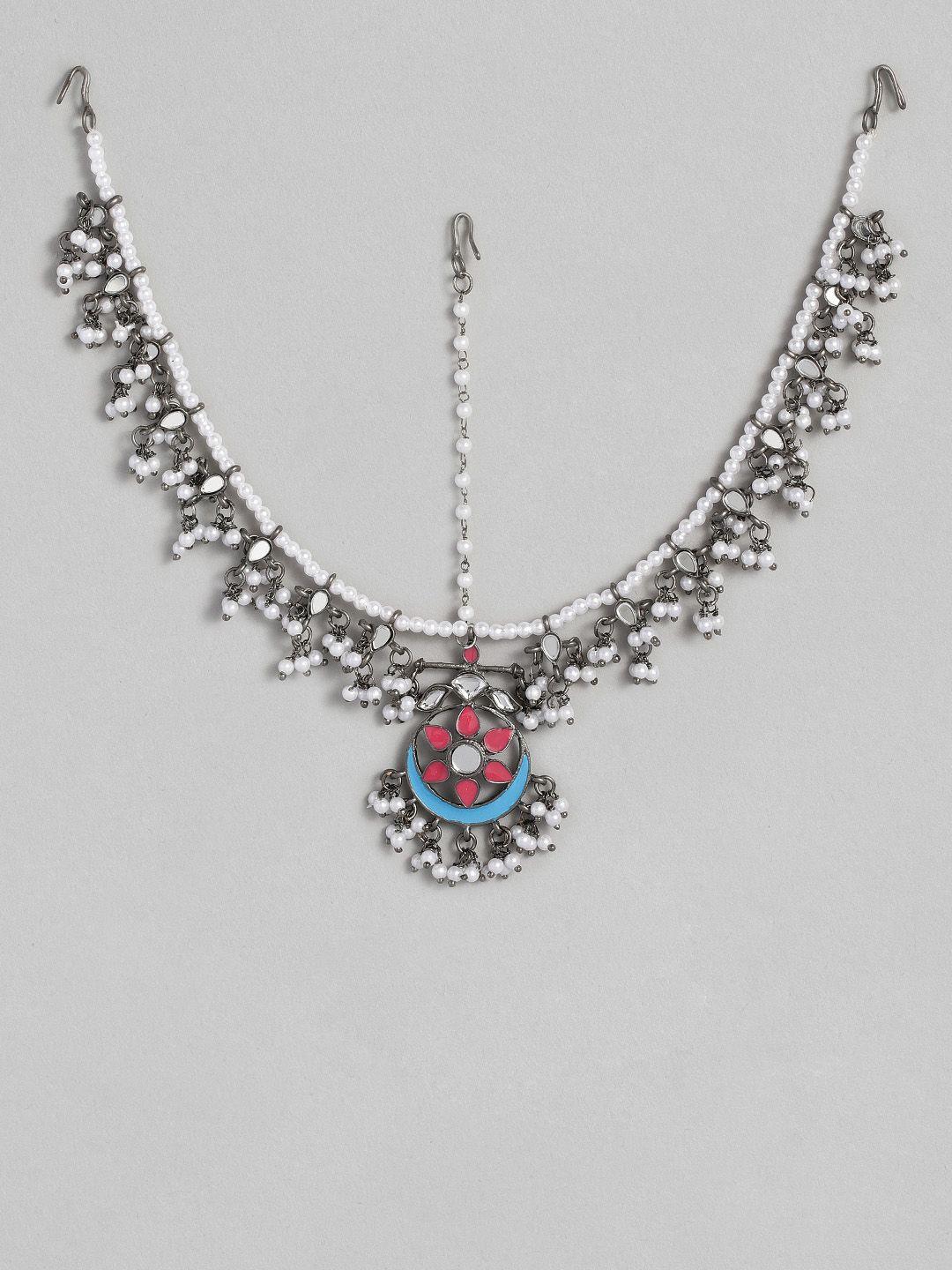 accessher oxidised silver-plated & white kundan mirror studded and beaded matha patti