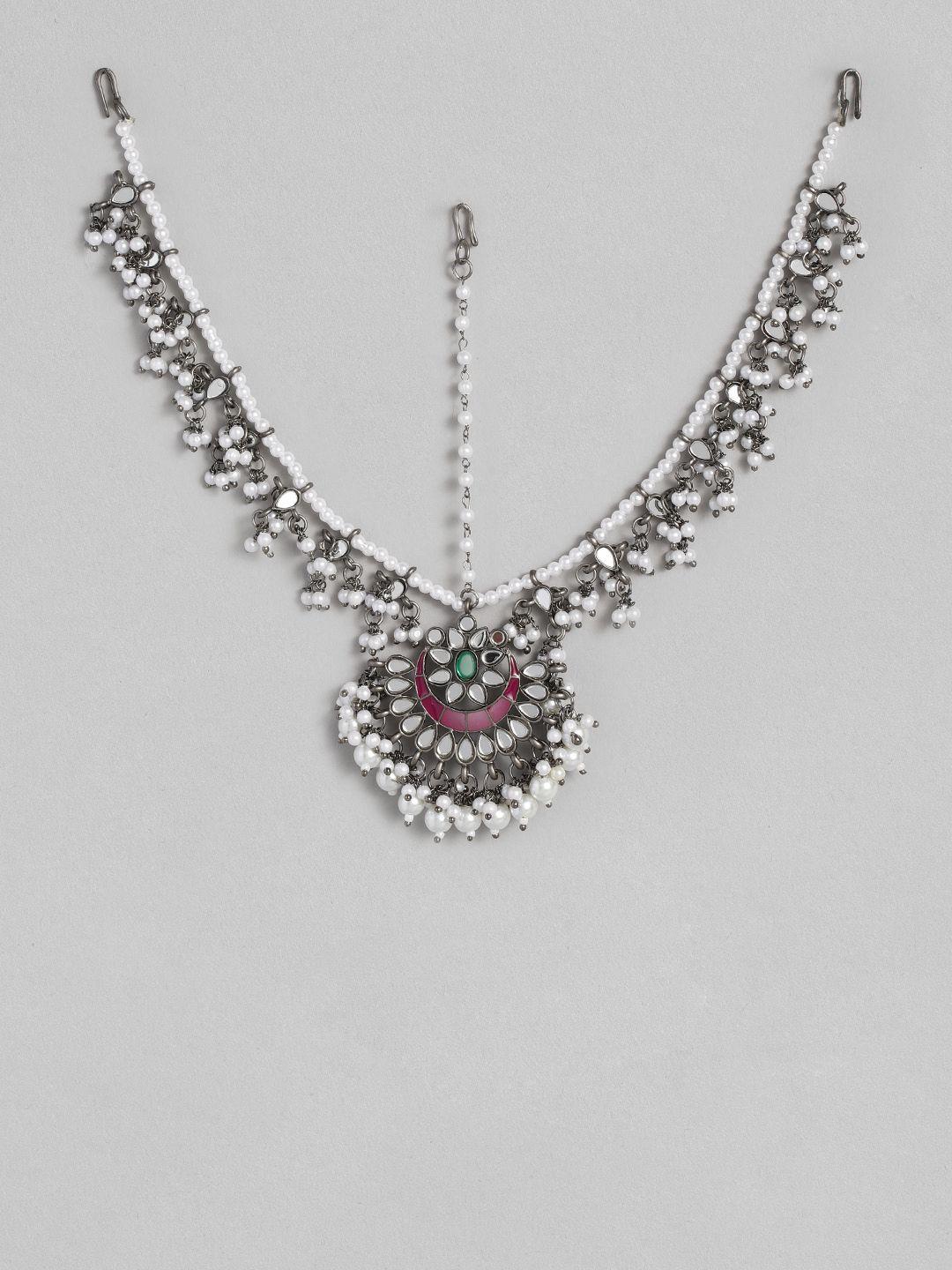 accessher oxidised silver-plated & white kundan mirror studded and beaded matha patti