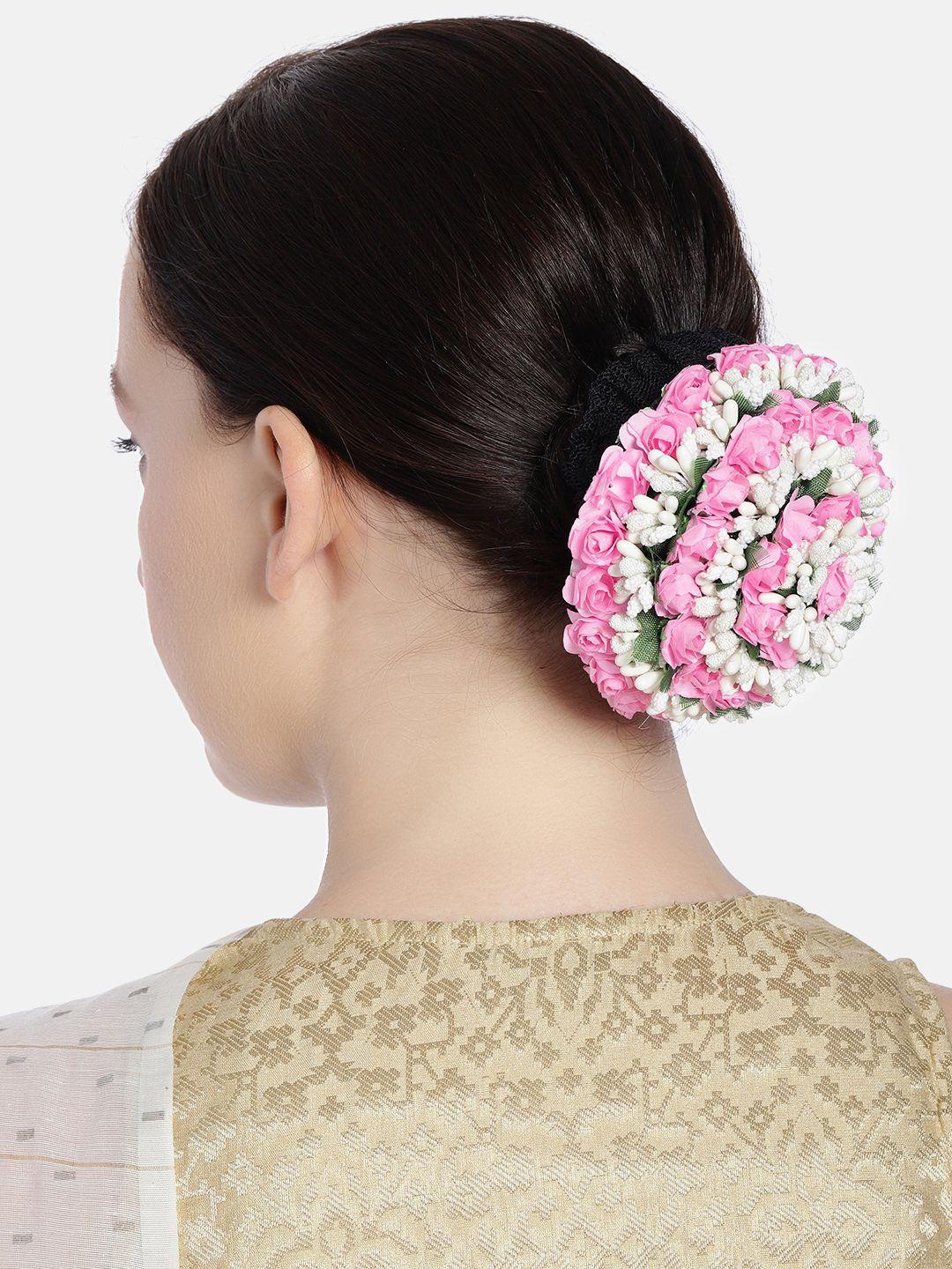 accessher pink & white floral design hair bun cover