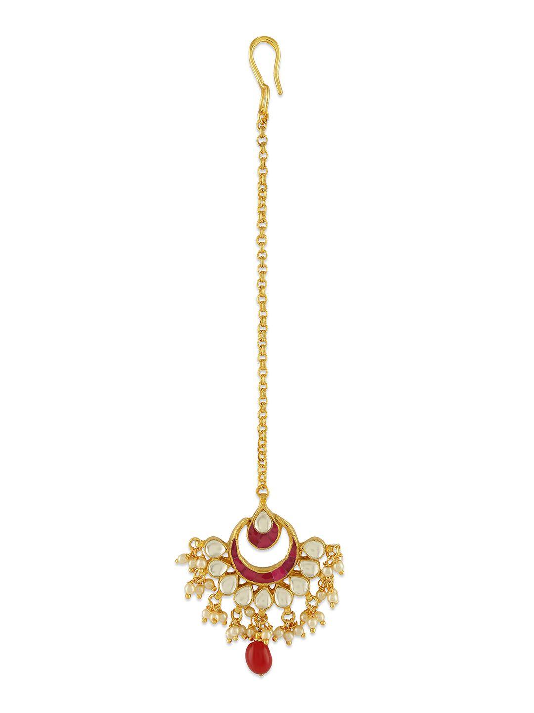 accessher red & white gold-plated kundan & pearl maang tikka