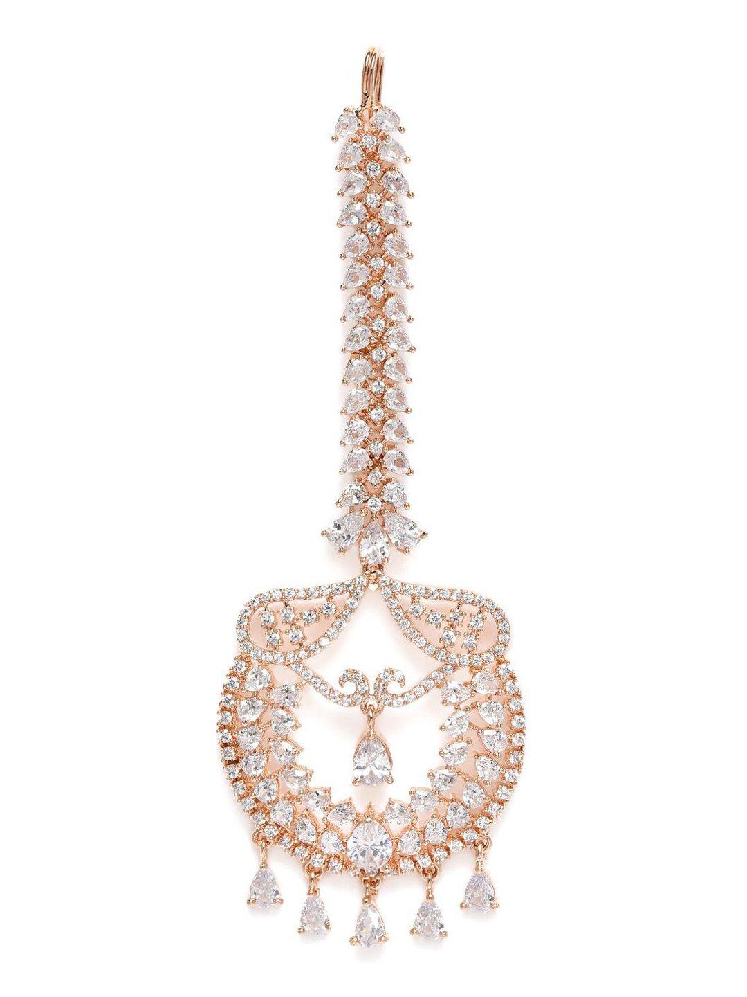 accessher rose gold-plated american diamond-studded maang tikka