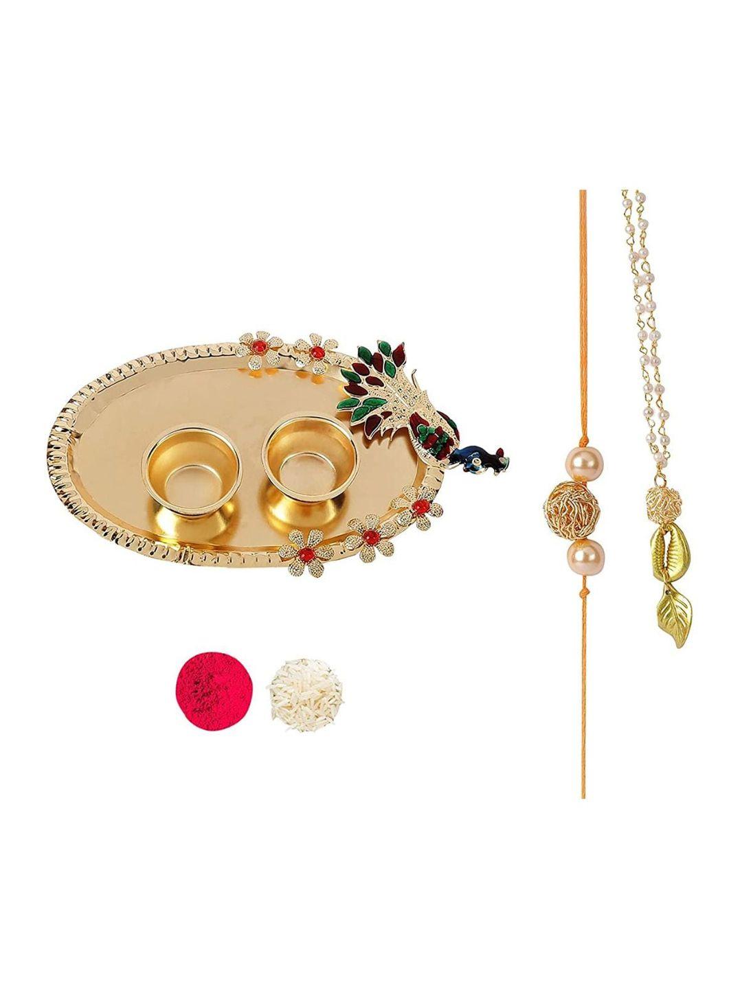 accessher set of 2 beaded rakhi with peacock pooja thali