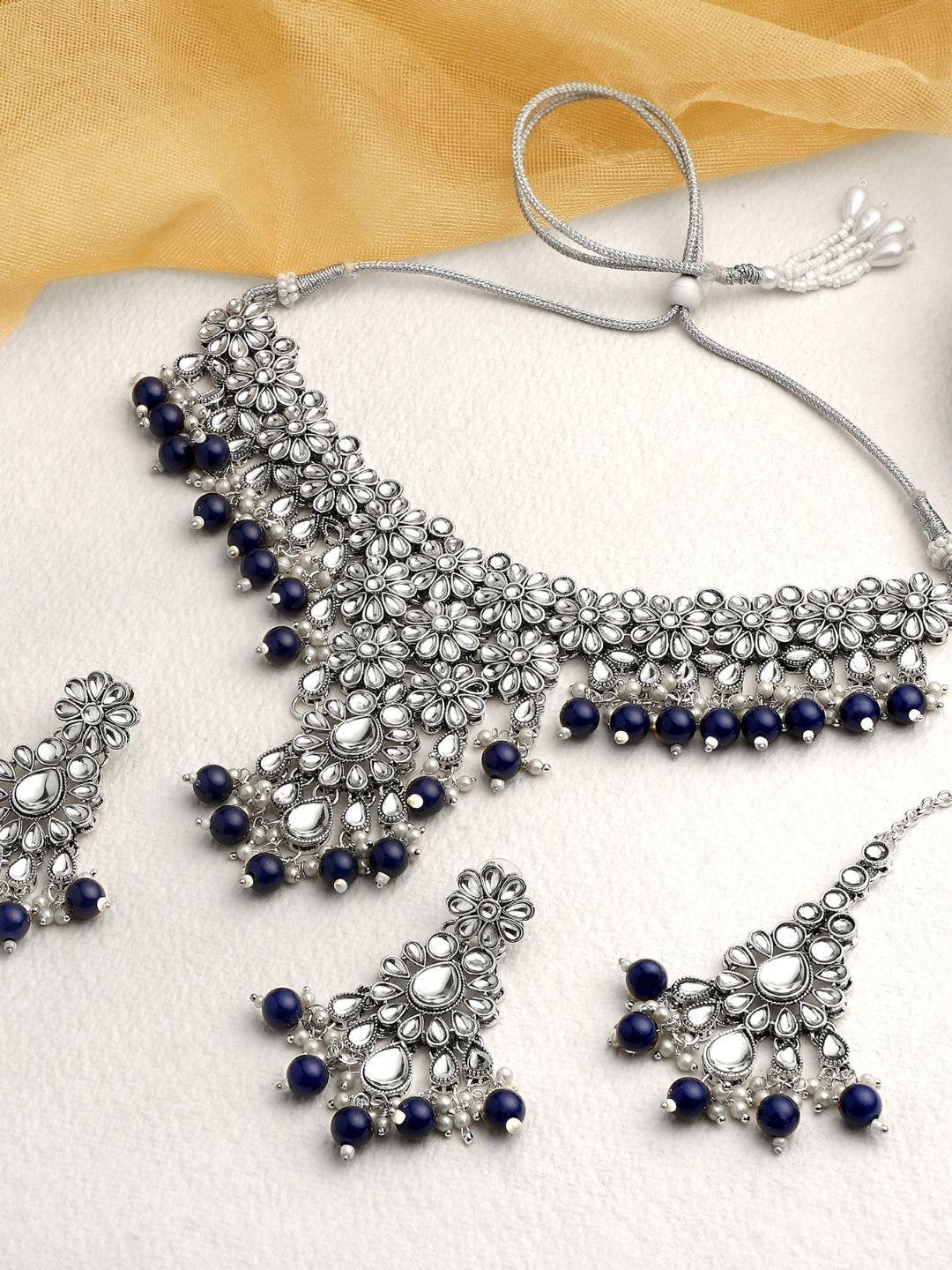 accessher silver-plated stone-studded & beaded jewellery set